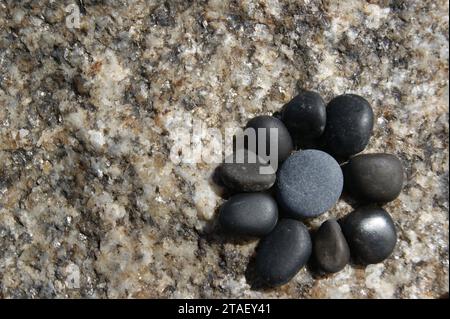 Die Blume besteht aus kleinen Steinen. Steingartenelement. Stockfoto