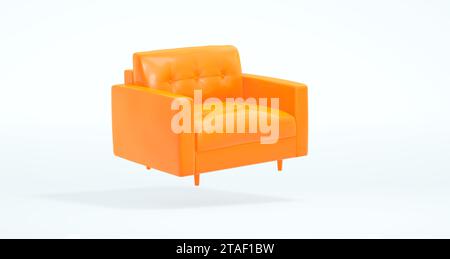 Orangefarbenes Ledersofa mit Schatten auf weichem weißem Studio-Hintergrund. Perspektivische Ansicht. Minimales Konzept. 3D-Rendering. Stockfoto