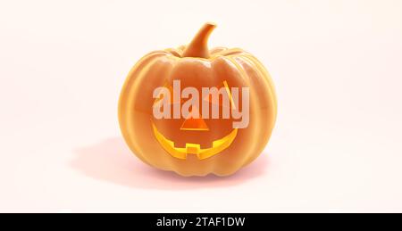 Gelber Halloween-Kürbis auf weichem weißem Studio-Hintergrund. Perspektivische Ansicht. Minimales Konzept. 3D-Rendering. Stockfoto