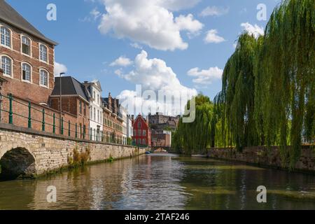 Blick auf die Straße mit Stufengiebeln in der belgischen Stadt Gent vor einem blauen Himmel mit weißen Wolken, das Schloss Gravensteen im Hintergrund. Gent, Bel Stockfoto