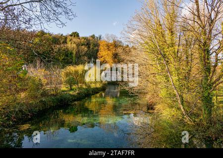 Herbstszene von einer Brücke mit Blick auf einen Nebenfluss des Arun in der Nähe von Swanbourne Lake, Arundel, Park, Arundel, West Sussex, UK. Stockfoto