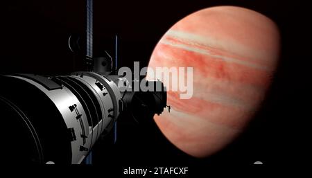 Raumschiff kommt am Exoplaneten an, Weltraummission zum unbekannten Planeten. 3D Science Fiction. Stockfoto