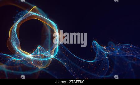 3D-Rendering abstrakter Strukturen ineinander verflochtener Punkte. Heller technologischer Hintergrund aus leuchtenden Gewinden und Oberflächen auf dunklem Hintergrund Stockfoto