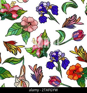 Nahtloses Blumenmuster mit Buntglasblüten. Vektorabbildung Stock Vektor