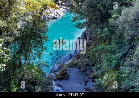 Türkisfarbenes Wasser fließt durch die Hokitika Gorge inmitten üppiger Vegetation und Felsformationen. Stockfoto