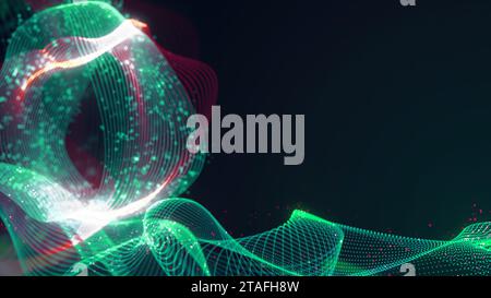 3D-Rendering abstrakter Strukturen ineinander verflochtener Punkte. Heller technologischer Hintergrund aus leuchtenden Gewinden und Oberflächen auf dunklem Hintergrund Stockfoto