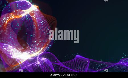 3D-Rendering abstrakter Strukturen ineinander verflochtener Punkte. Heller technologischer Hintergrund aus leuchtenden Gewinden und Oberflächen auf dunklem Hintergrund Stockfoto