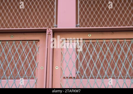 Drahtgeflecht, Gebäudekonstruktion, Stahlrahmenbau, Schulkomplex, elektrogeschweißtes Netz mit Metallrahmen zur Befestigung der Struktur mit Schrauben Stockfoto