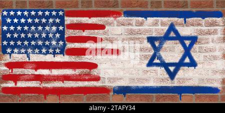 Internationale Beziehungen. Nationalflaggen Israels und der USA auf Ziegelwand gemalt, Bannerdesign Stockfoto