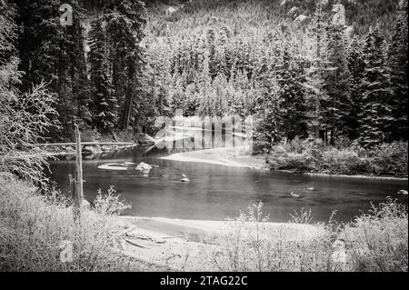 Der Soo River in Western British Columbia, nahe Whistler BC, fließt durch Winterwälder, die von Eis und Schnee verkrustet sind. Stockfoto