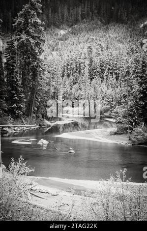 Der Soo River in Western British Columbia, nahe Whistler BC, fließt durch Winterwälder, die von Eis und Schnee verkrustet sind. Stockfoto