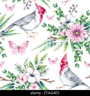 Aquarellmuster mit Vögeln mit Blumen. Roter Kardinal, Blumensträuße und Kränze. Vögel und Blumen werden isoliert von Hand gezeichnet. Nahtloses Muster mit Vögeln Stockfoto