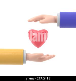 Krankenversicherungskonzept. Schutz Gesundheit. Pflege medizinisch. Die Handflächen schützen das Herz. Symbol Healthcare.3D-Rendering auf weißem Hintergrund. Stockfoto