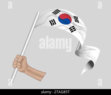 3D-Illustration. Handfahne Südkoreas auf einem Stoffbandhintergrund. Stockfoto