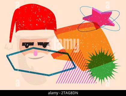 Risograph Santa Claus Kopf mit Sprechblase mit geometrischen Formen. Objekte in trendigem Riso-Grafik-Design mit Texturelementen. Stock Vektor