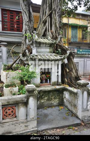 Schrein am Straßenrand mit Pagodendach, das von einem tropischen Baum bewachsen ist, auf einer Stadtstraße in Hanoi, Vietnam. Die Bewohner bringen Blumen, Weihrauch und andere Opfergaben Stockfoto