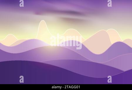 Landschaft bei Sonnenuntergang mit Feldern und Hügeln. Vektorhintergrund für Reiseurlaub. Konzept für den Außenbereich Stock Vektor
