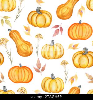 Nahtloses Muster mit orangefarbenen Kürbissen. Hand gezeichneter endloser Hintergrund mit Ernte und Herbstlaub. Gemütlicher Hintergrund aus Stoff und Tapeten. Stockfoto