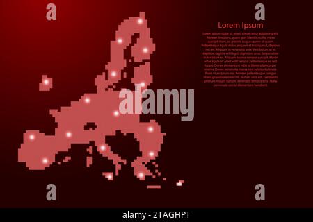 Europäische Union Kartensilhouette aus roten quadratischen Pixeln und leuchtenden Sternen. Vektorabbildung. Stock Vektor