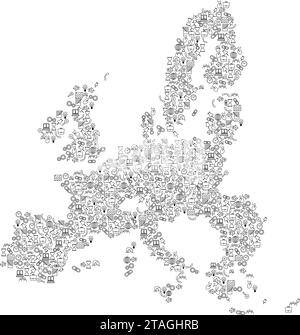 Europäische Union, EU-Karte aus schwarzen Mustern Set Symbole für SEO-Analyse Konzept oder Entwicklung, Geschäft. Vektorabbildung. Stock Vektor