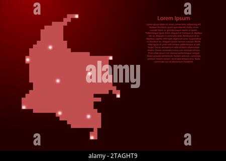 Kolumbien Kartensilhouette aus roten quadratischen Pixeln und leuchtenden Sternen. Vektorabbildung. Stock Vektor