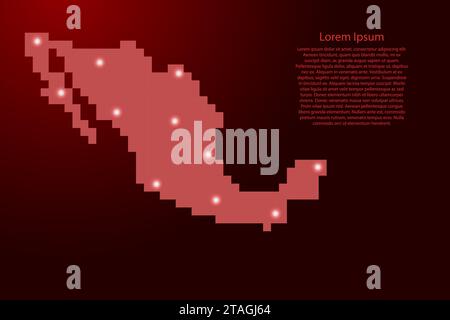 Mexiko-Karte Silhouette aus roten quadratischen Pixeln und leuchtenden Sternen. Vektorabbildung. Stock Vektor