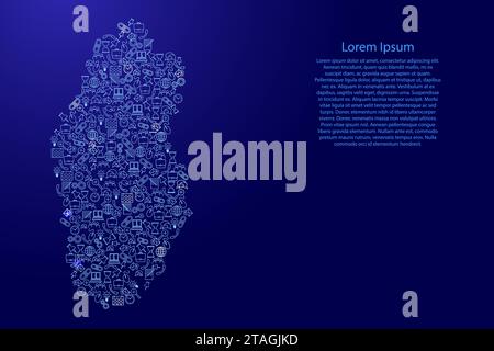 Katar Karte von blauen und leuchtenden Sternen Symbole Muster Satz SEO Analyse Konzept oder Entwicklung, Geschäft. Vektorabbildung. Stock Vektor