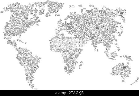 Weltkarte aus schwarzen Mustern Set Symbole für SEO Analyse Konzept oder Entwicklung, Geschäft. Vektorabbildung. Stock Vektor