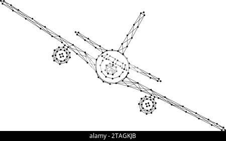 Flugzeug fliegt mit Rollen, Vorderansicht von abstrakten futuristischen polygonalen schwarzen Linien und Punkten. Vektorabbildung. Stock Vektor