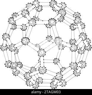 Fulleren, eine molekulare Verbindung, Struktur aus Kohlenstoffatomen, aus abstrakten futuristischen polygonalen schwarzen Linien und Punkten. Vektorabbildung. Stock Vektor