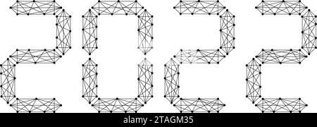 Weihnachtszahlen 2022 Happy New Year aus dem digitalen elektronischen Segment zeigen abstrakte futuristische polygonale schwarze Linien und Punkte. Vektorabbildung. Stock Vektor