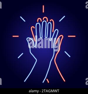 Informelle Begrüßung, zwei Hände geben hohe fünf, Teamergebnis, freundliche Partner aus leuchtend blauen und roten Neonleuchtlinien auf klassischem Blaudunkel Stock Vektor