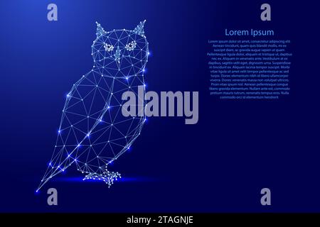 Eulenvogel, Symbol für Wissen und Weisheit, aus futuristischen polygonalen blauen Linien und leuchtenden Sternen Stock Vektor