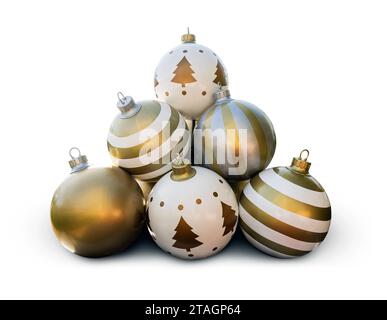 Weihnachtskugel Golden isoliert auf weißem Hintergrund, Seitenansicht. Eine Pyramide aus vielen goldenen Weihnachtskugeln Stockfoto