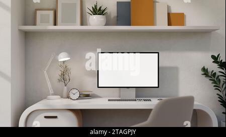 Ein PC-Modell mit weißem Bildschirm, eine Tischlampe und Zubehör auf einem weißen Schreibtisch in einem modernen, trendigen Heimbüro oder einem privaten Büroarbeitsplatz. 3D-Rendering Stockfoto