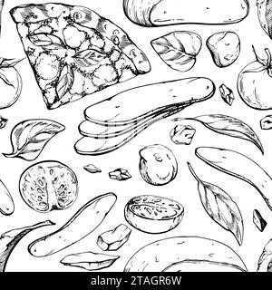 Handgezeichnete Vektortinte Illustration. Margherita Pizzascheibe mit Belägen, italienische Küche. Nahtloses Muster isoliert auf weiß. Design für Stock Vektor