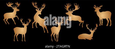 Weihnachten Rentier Gold Verlaufssymbol Vektor Set. Stock Vektor