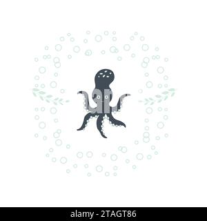 Kindermuster mit dem Bild eines Oktopus im Unterwasserleben. Perfekt für Kinderdrucke, Vektorillustration. Stock Vektor