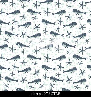 Nahtloses Muster mit Meerestieren. Blauwal im Ozean zwischen Seesternen auf weißem Hintergrund. Vektorabbildung. Design für Kinderteig, pac Stock Vektor