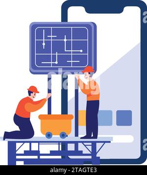 Handgezeichneter Ingenieur, der Solarzellen in flacher Bauweise isoliert auf Hintergrund installiert Stock Vektor