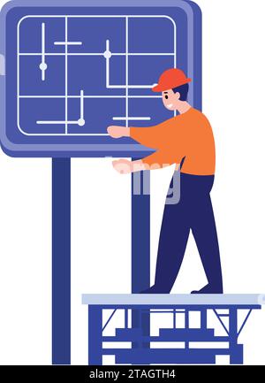 Handgezeichneter Ingenieur, der Solarzellen in flacher Bauweise isoliert auf Hintergrund installiert Stock Vektor