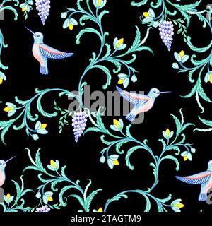Nahtloses Aquarellmuster im Folk-Stil mit Kolibris und Blumen. Traditioneller italienischer Ornamentstil. Zeitloser mediterraner Stil. Türkische bac Stockfoto