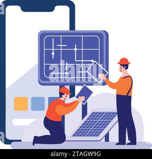 Handgezeichneter Ingenieur, der Solarzellen in flacher Bauweise isoliert auf Hintergrund installiert Stock Vektor