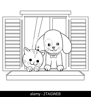 Katze und Hund sitzen auf einer Fensterbank. Haustiere, die zu Hause aus dem Fenster schauen. Schwarzweiß-Ausmalseite Stockfoto