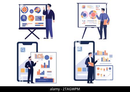 Handgezeichneter Geschäftsmann mit Präsentationsdiagrammen in flachem Stil isoliert auf Hintergrund Stock Vektor
