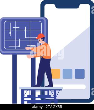 Handgezeichneter Ingenieur, der Solarzellen in flacher Bauweise isoliert auf Hintergrund installiert Stock Vektor