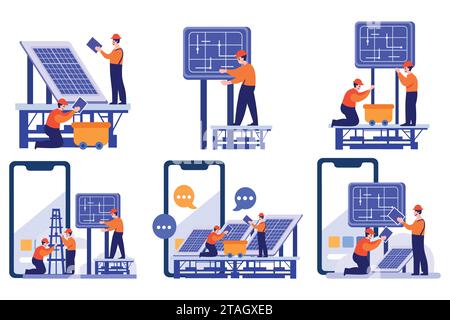 Handgezeichneter Ingenieur, der Solarzellen in flacher Bauweise isoliert auf Hintergrund installiert Stock Vektor