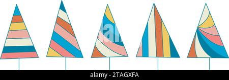 Kreatives Weihnachtsset aus Fichtenholz. Geometrisch gefärbte Neujahrsbäume. Einfacher festlicher Tannenbaum, isolierte Vektor-Illustration Stock Vektor