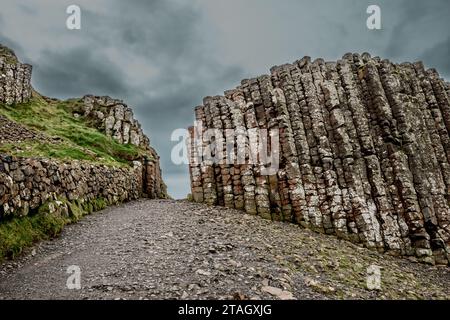 Ein gewundener Pfad zwischen einzigartigen Felsformationen. Giant's Causeway, Nordirland Stockfoto