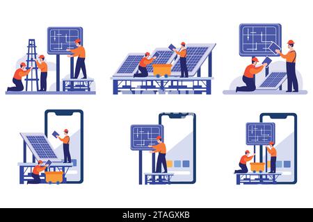 Handgezeichneter Ingenieur, der Solarzellen in flacher Bauweise isoliert auf Hintergrund installiert Stock Vektor